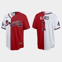 Atlanta Atlanta Braves #1 Ozzie Albies Men's Nike 2021 World Series Champions Split Red White MLB Stitched Jersey