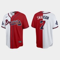 Atlanta Atlanta Braves #7 Dansby Swanson Men's Nike 2021 World Series Champions Split Red White MLB Stitched Jersey