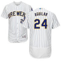 Milwaukee Brewers #24 Jesus Aguilar White Strip Flexbase Authentic Collection Stitched MLB Jersey