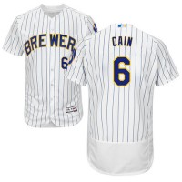 Milwaukee Brewers #6 Lorenzo Cain White Strip Flexbase Authentic Collection Stitched MLB Jersey