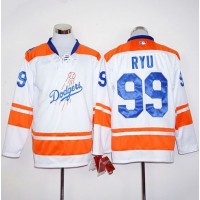 Los Angeles Dodgers #99 Hyun-Jin Ryu White/Orange Long Sleeve Stitched MLB Jersey