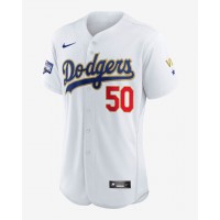 Los Angle Los Angeles Dodgers #50 Mookie Betts Men's White 2020 World Series Champions Gold  Authentic Baseball Jersey