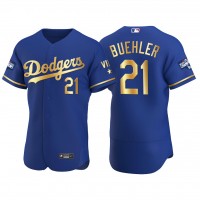 Los Angeles Los Angeles Dodgers #21 Walker Buehler Men's Nike Authentic 2021 Gold Program World Series Champions MLB Jersey Royal