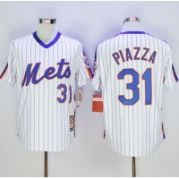 Mitchell And Ness New York Mets #31 Mike Piazza White(Blue Strip) Throwback Stitched MLB Jersey