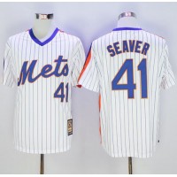 New York Mets #41 Tom Seaver White(Blue Strip) Cooperstown Stitched MLB Jersey