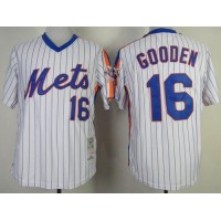 Mitchell and Ness New York Mets #16 Dwight Gooden Stitched White Blue Strip Throwback MLB Jersey