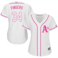 Oakland Athletics #34 Rollie Fingers White/Pink Fashion Women's Stitched MLB Jersey