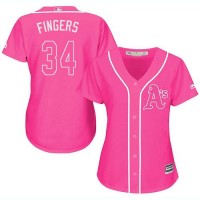 Oakland Athletics #34 Rollie Fingers Pink Fashion Women's Stitched MLB Jersey