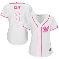 Milwaukee Brewers #6 Lorenzo Cain White/Pink Fashion Women's Stitched MLB Jersey