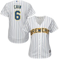 Milwaukee Brewers #6 Lorenzo Cain White Strip Home Women's Stitched MLB Jersey