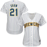 Milwaukee Brewers #21 Travis Shaw White Strip Home Women's Stitched MLB Jersey