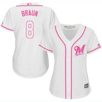 Milwaukee Brewers #8 Ryan Braun White/Pink Fashion Women's Stitched MLB Jersey