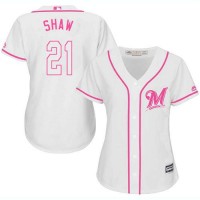Milwaukee Brewers #21 Travis Shaw White/Pink Fashion Women's Stitched MLB Jersey