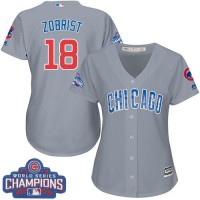 Chicago Cubs #18 Ben Zobrist Grey Road 2016 World Series Champions Women's Stitched MLB Jersey
