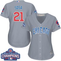 Chicago Cubs #21 Sammy Sosa Grey Road 2016 World Series Champions Women's Stitched MLB Jersey