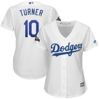 Los Angeles Los Angeles Dodgers #10 Justin Turner Majestic Women's 2019 Postseason Home Official Cool Base Player Jersey White