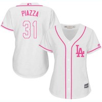 Los Angeles Dodgers #31 Mike Piazza White/Pink Fashion Women's Stitched MLB Jersey