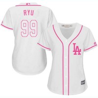Los Angeles Dodgers #99 Hyun-Jin Ryu White/Pink Fashion Women's Stitched MLB Jersey