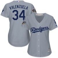 Los Angeles Dodgers #34 Fernando Valenzuela Grey Alternate Road 2018 World Series Women's Stitched MLB Jersey