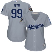 Los Angeles Dodgers #99 Hyun-Jin Ryu Grey Alternate Road 2018 World Series Women's Stitched MLB Jersey