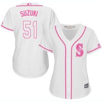Seattle Mariners #51 Ichiro Suzuki White/Pink Fashion Women's Stitched MLB Jersey