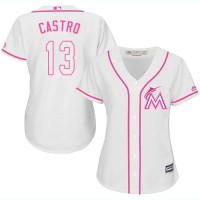 Miami Marlins #13 Starlin Castro White/Pink Fashion Women's Stitched MLB Jersey