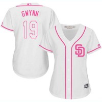 San Diego Padres #19 Tony Gwynn White/Pink Fashion Women's Stitched MLB Jersey