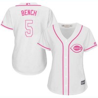 Cincinnati Reds #5 Johnny Bench White/Pink Fashion Women's Stitched MLB Jersey