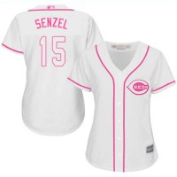 Cincinnati Reds #15 Nick Senzel White/Pink Fashion Women's Stitched MLB Jersey