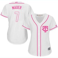 Minnesota Twins #7 Joe Mauer White/Pink Fashion Women's Stitched MLB Jersey