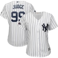 New York New York Yankees #99 Aaron Judge Majestic Women's 2019 Postseason Official Cool Base Player Jersey White Navy