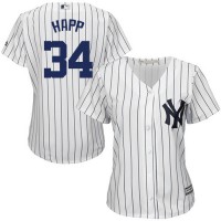 New York Yankees #34 J.A. Happ White Strip Home Women's Stitched MLB Jersey