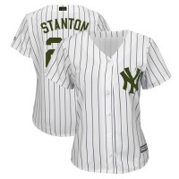New York Yankees #27 Giancarlo Stanton White Strip 2018 Memorial Day Cool Base Women's Stitched MLB Jersey