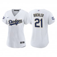 Los Angeles Los Angeles Dodgers #21 Walker Buehler Women's Nike 2021 Gold Program World Series Champions MLB Jersey Whtie