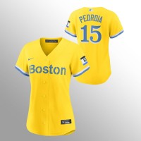 Boston Boston Red Sox #15 Dustin Pedroia Women's Nike 2021 City Connect Gold Fans Version MLB Jersey