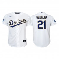 Los Angeles Los Angeles Dodgers #21 Walker Buehler Youth Nike 2021 Gold Program World Series Champions MLB Jersey Whtie