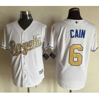 Kansas City Royals #6 Lorenzo Cain White New Cool Base 2015 World Series Champions Gold Program Stitched MLB Jersey