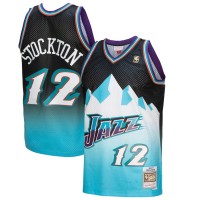 Utah Utah Jazz #12 John Stockton Mitchell & Ness Men's Black/Light Blue 1996/97 Hardwood Classics Fadeaway Swingman Player Jersey