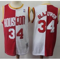 Mitchell And Ness Split Fashion Houston Rockets #34 Hakeem Olajuwon Red/White Stitched NBA Jersey
