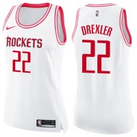 Nike Houston Rockets #22 Clyde Drexler White/Pink Women's NBA Swingman Fashion Jersey