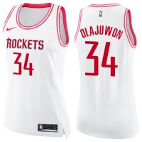 Nike Houston Rockets #34 Hakeem Olajuwon White/Pink Women's NBA Swingman Fashion Jersey