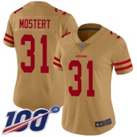Nike San Francisco 49ers #31 Raheem Mostert Gold Women's Stitched NFL Limited Inverted Legend 100th Season Jersey