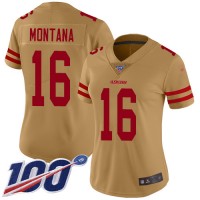 Nike San Francisco 49ers #16 Joe Montana Gold Women's Stitched NFL Limited Inverted Legend 100th Season Jersey