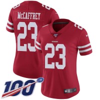 Nike San Francisco 49ers #23 Christian McCaffrey Red Team Color Women's Stitched NFL 100th Season Vapor Limited Jersey