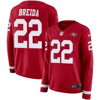 Nike San Francisco 49ers #22 Matt Breida Red Team Color Women's Stitched NFL Limited Therma Long Sleeve Jersey
