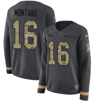Nike San Francisco 49ers #16 Joe Montana Anthracite Salute to Service Women's Stitched NFL Limited Therma Long Sleeve Jersey