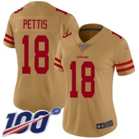 Nike San Francisco 49ers #18 Dante Pettis Gold Women's Stitched NFL Limited Inverted Legend 100th Season Jersey