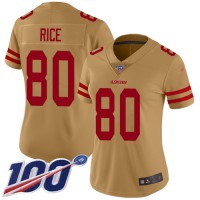 Nike San Francisco 49ers #80 Jerry Rice Gold Women's Stitched NFL Limited Inverted Legend 100th Season Jersey