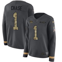 Nike Cincinnati Bengals #1 Ja'Marr Chase Anthracite Salute to Service Women's Stitched NFL Limited Therma Long Sleeve Jersey
