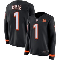 Nike Cincinnati Bengals #1 Ja'Marr Chase Black Team Color Women's Stitched NFL Limited Therma Long Sleeve Jersey